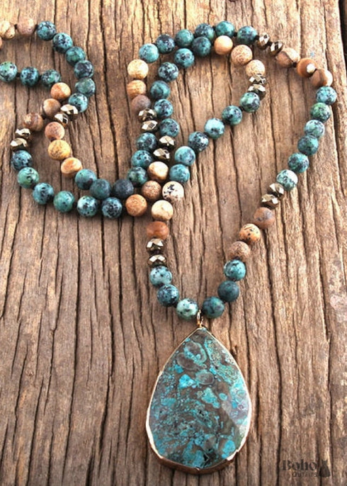 Boho Necklace, RH India Agated Green Oval Natural Stone